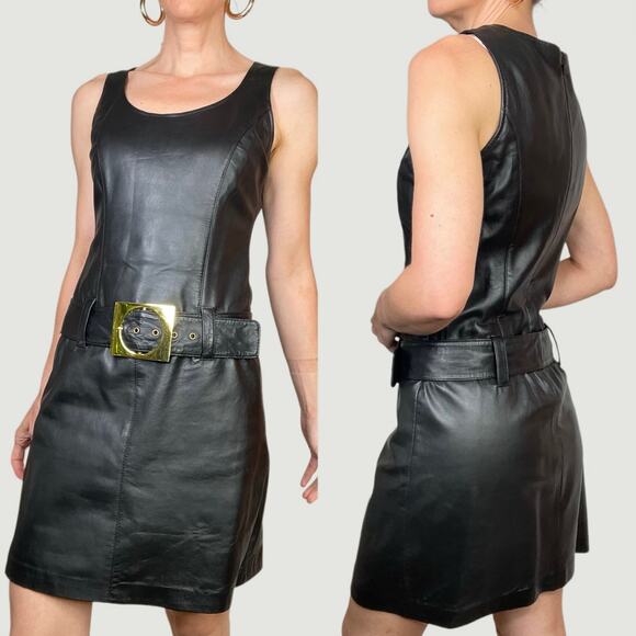 Cache vintage Y2K lamb leather mini dress euro sleeveless belted gold belt 2